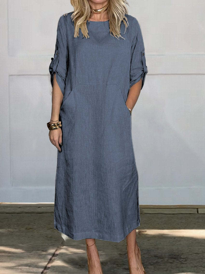 Women's Summer Loose Casual Solid Short Sleeve Cotton Linen Dress