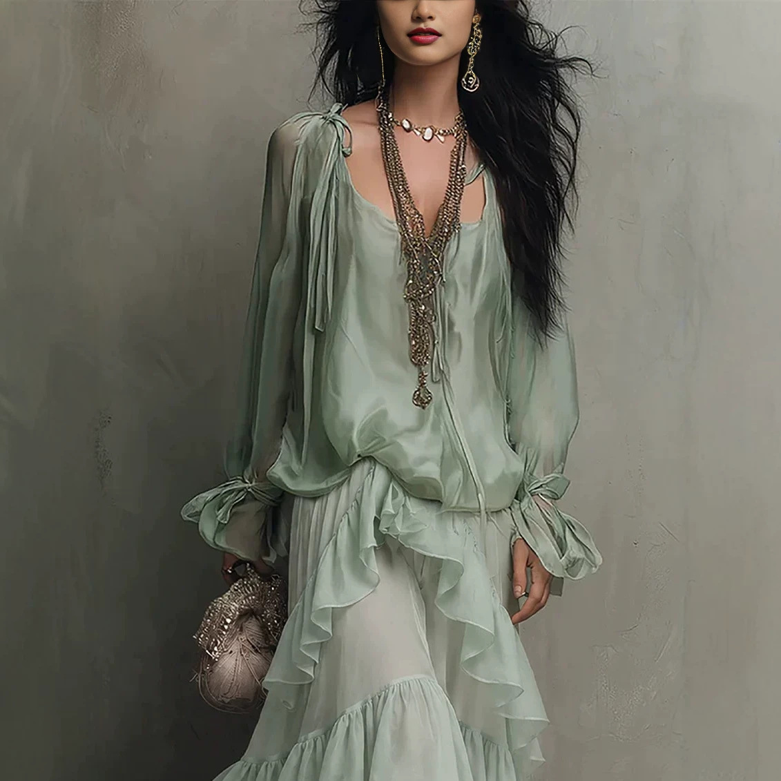 Bohemian Mint Green Chiffon Sun Protection Cardigan Cami Layered Ruffle Maxi Dress Set