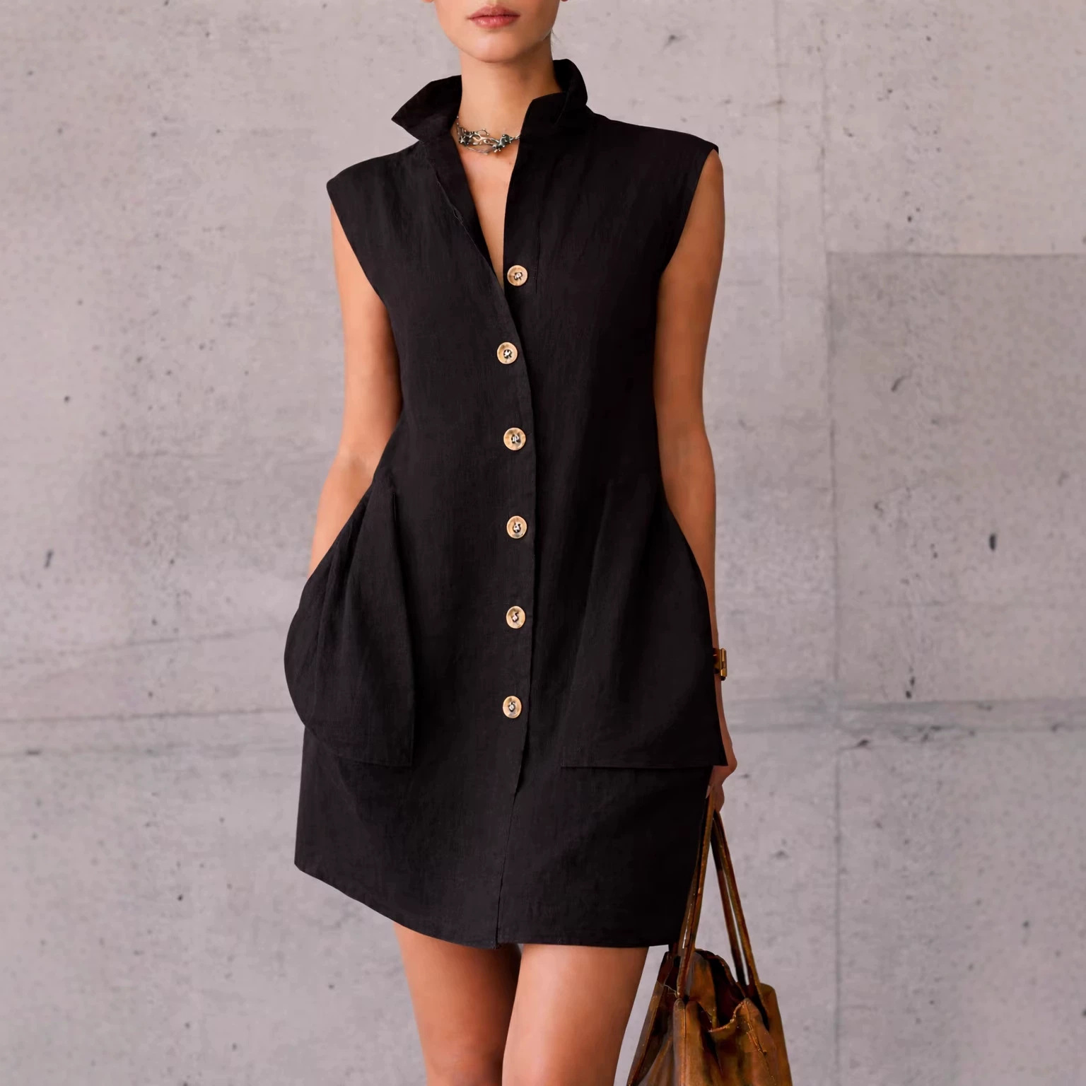 Sleeveless Collared Shirt Dress with Pockets A-Line Short Vacation Dress