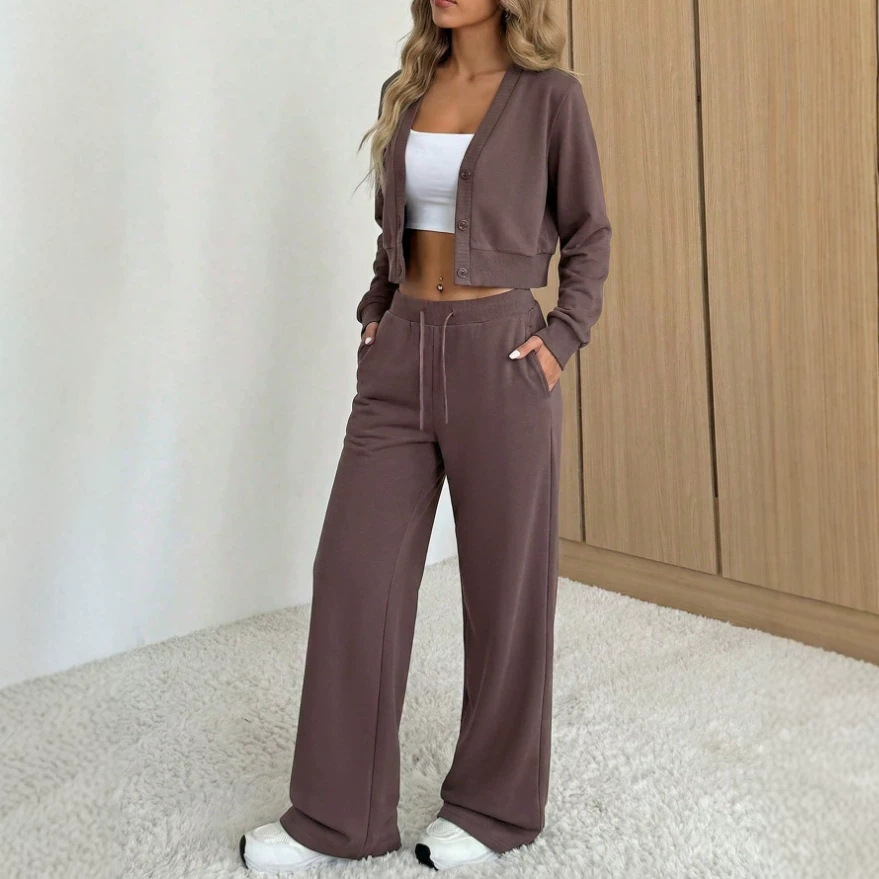 Women's Solid Color Cropped Cardigan & Wide-Leg Pants Casual Set