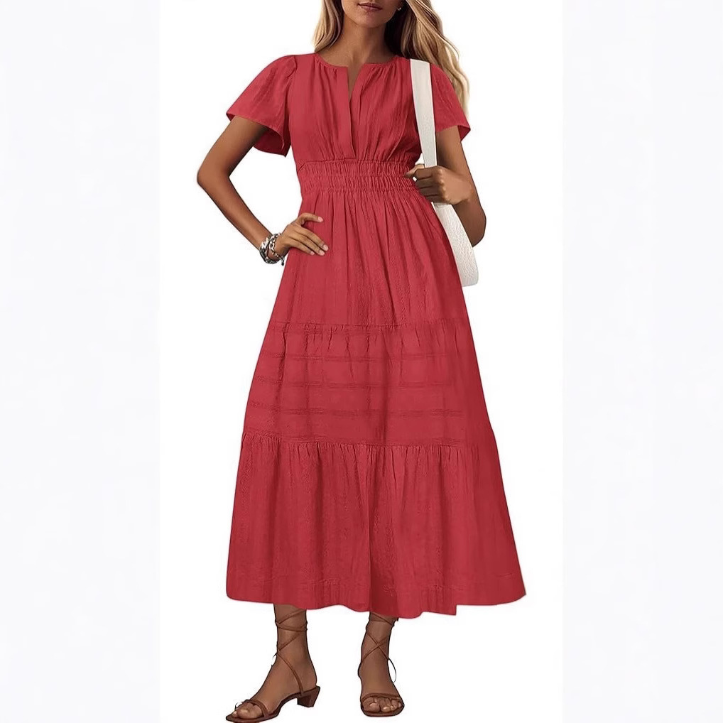 V-Neck Ruched Bubble Sleeve Tiered Maxi Dress