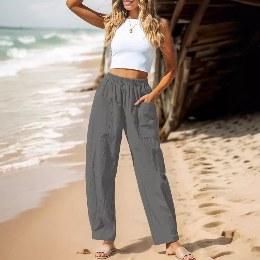 Women's Cotton-Linen Straight-Leg Cropped Pants with Elastic Waist