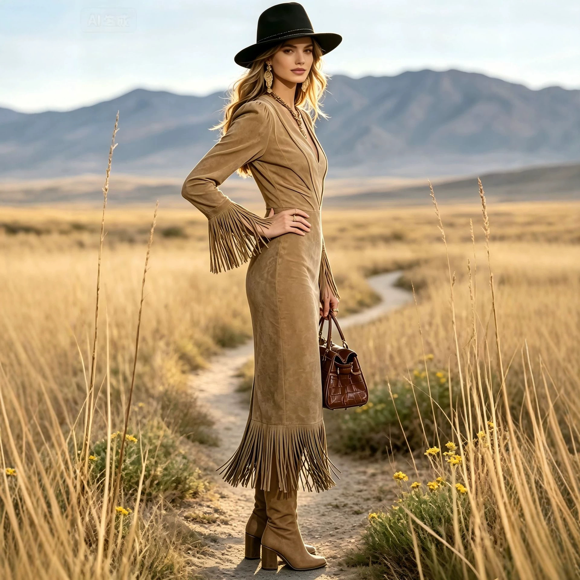 Retro Western Cowgirl Fitted Long Sleeve Fringe Dress