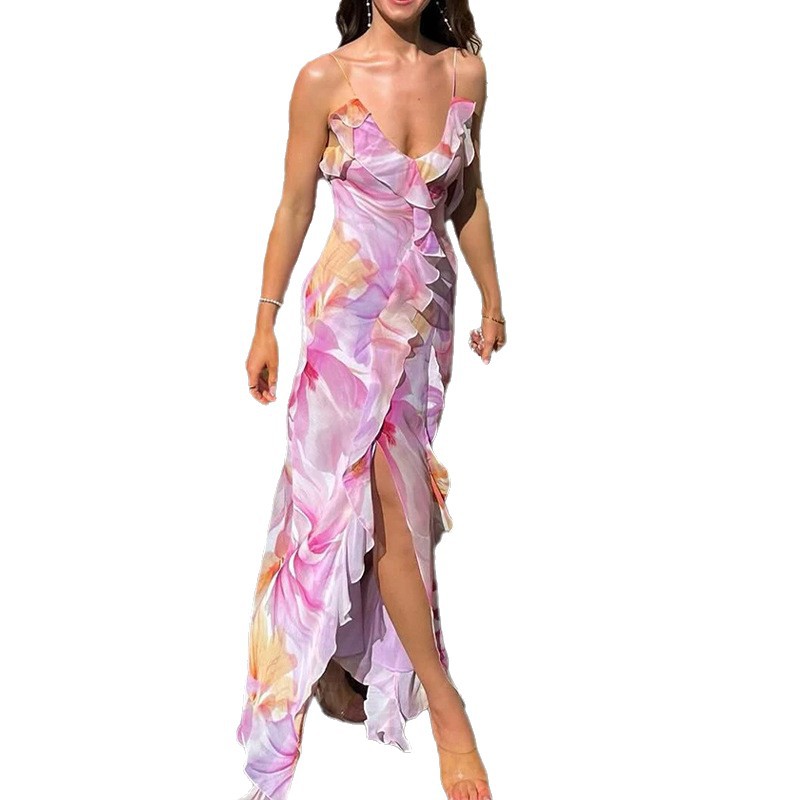 Elegant Floral Print Cami Dress with Ruffle Trim