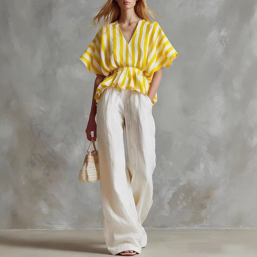 Red and White Striped Top with White Wide-Leg Pants Two-Piece Set