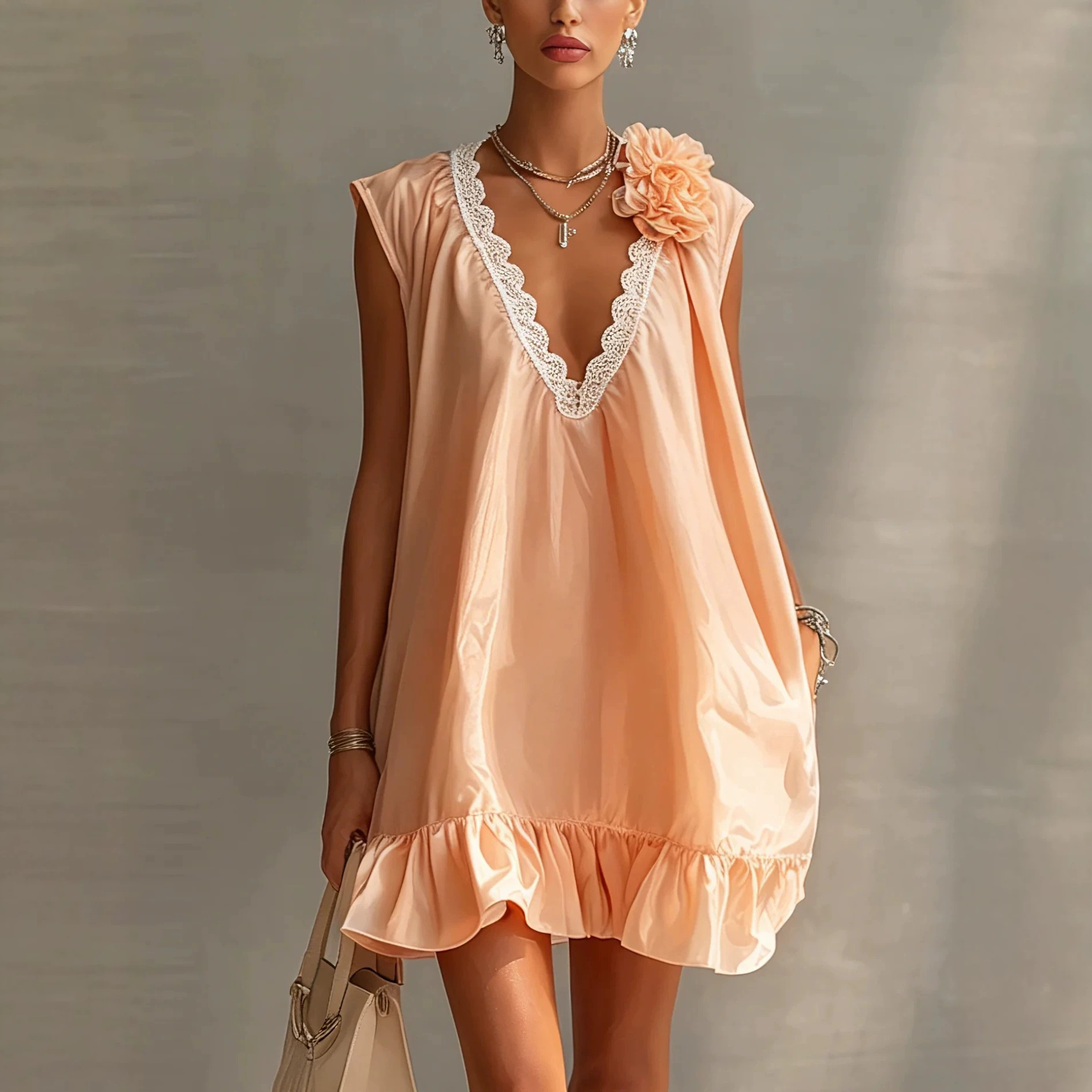 Nude Pink Lace V-Neck Sleeveless A-Line Mini Dress with 3D Floral Ruffles