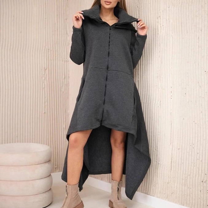 Women's Solid Color Hooded Zip Loose Sweatshirt Dress
