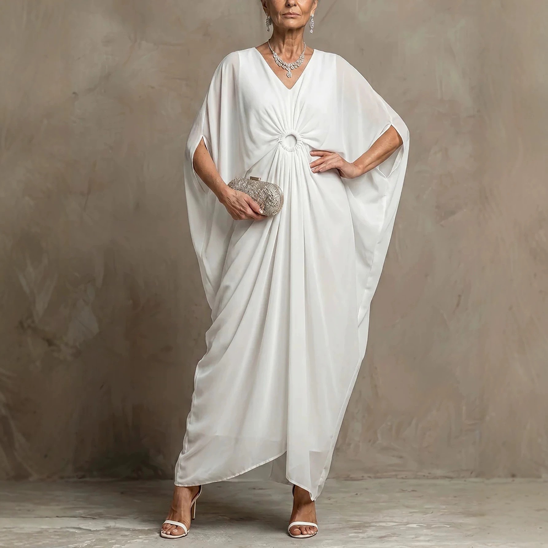 Button Waist Batwing Sleeve V-Neck Midi Dress