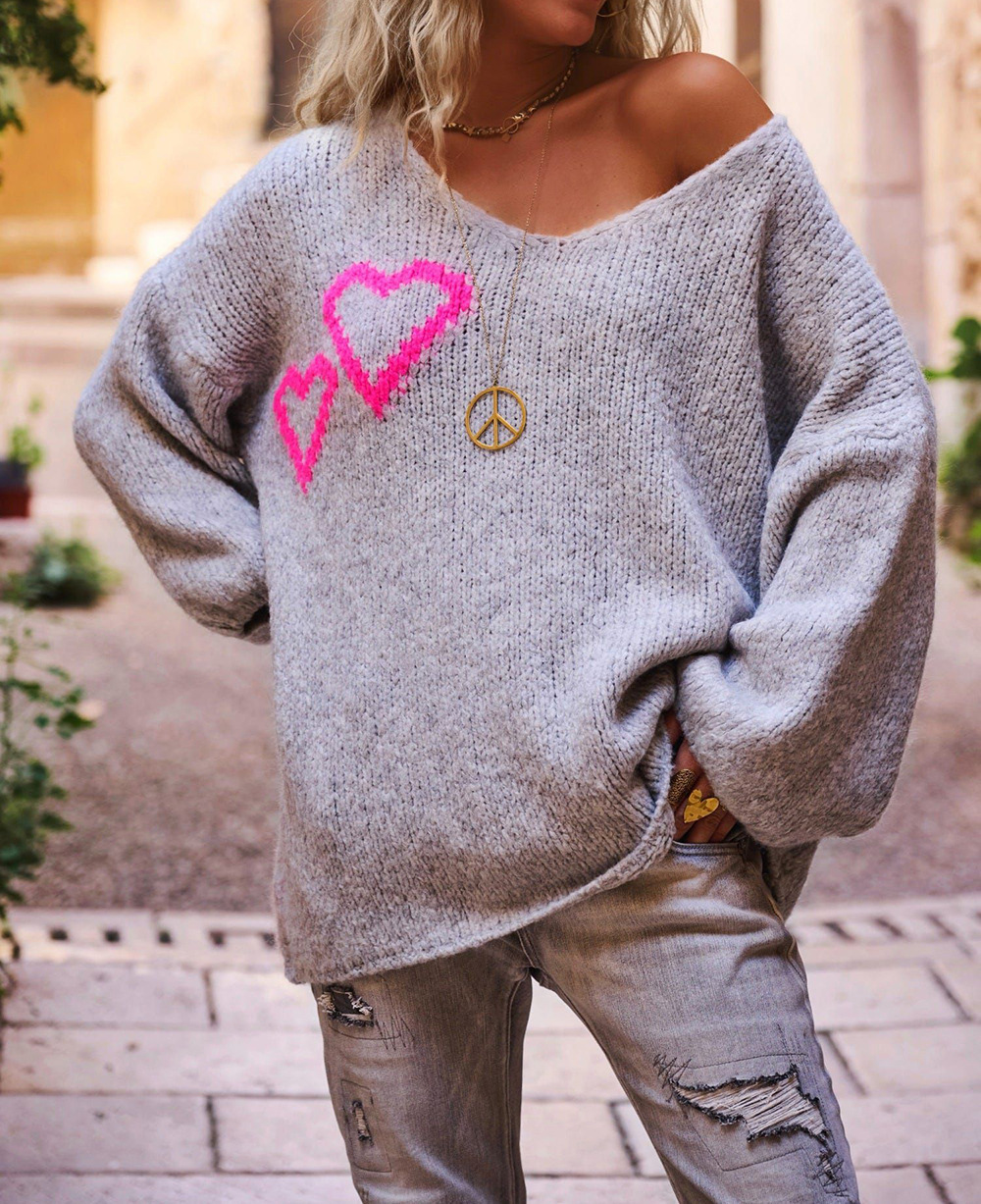 Women's Loose Heart Jacquard Off-Shoulder Knit Sweater Long Sleeve