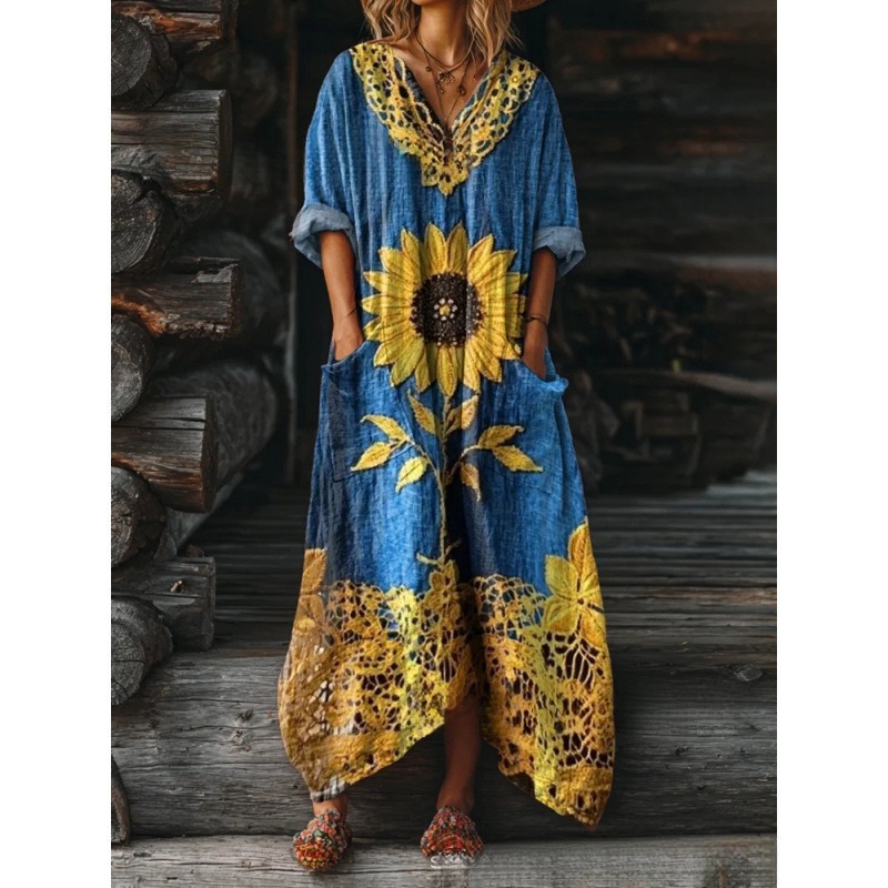Women's Floral Ripple Print V-Neck A-Line Midi Dress Long Sleeve