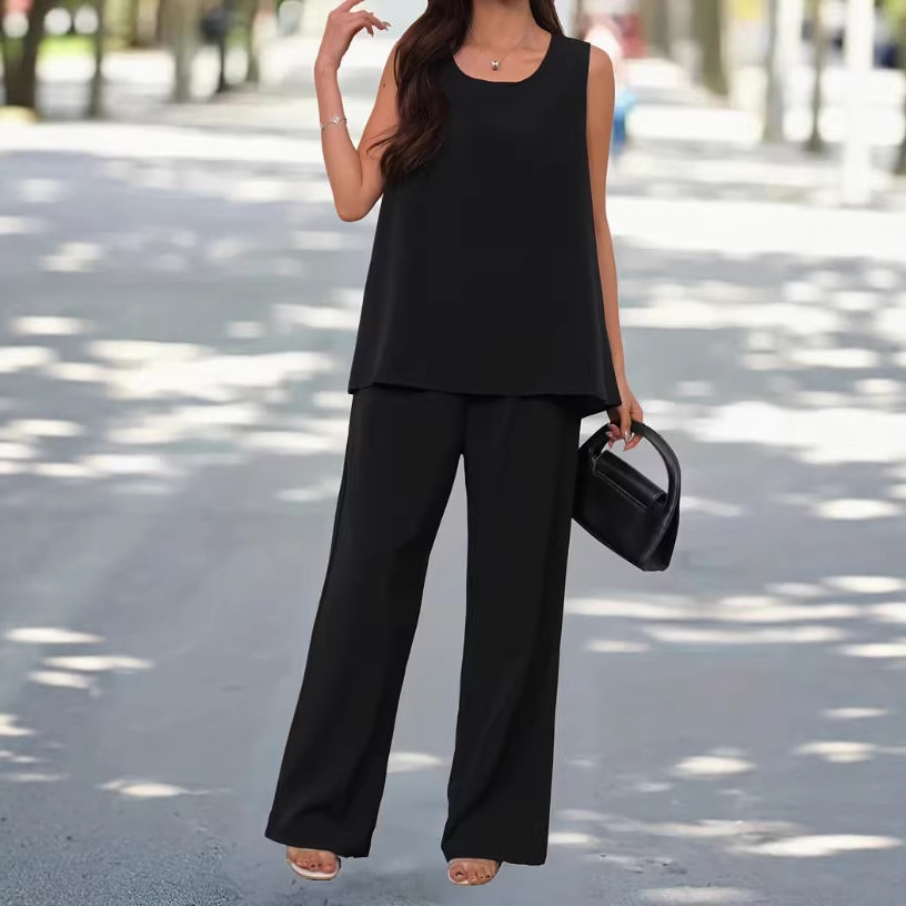 Women's Solid Sleeveless Top and High-Waist Long Pants Two-Piece Set