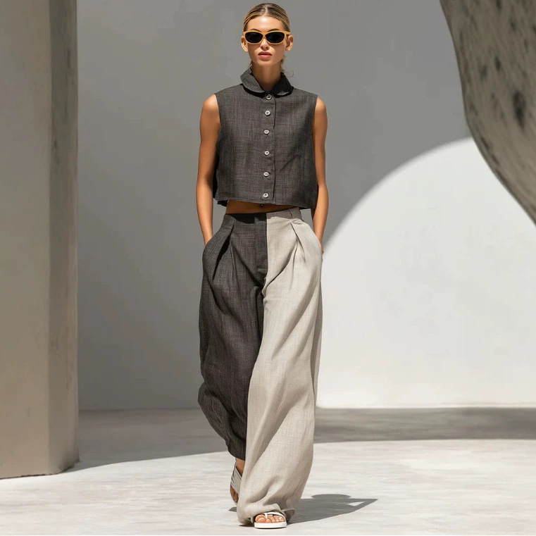 Women's Casual Retro Colorblock Sleeveless Top and Wide-Leg Pants Set