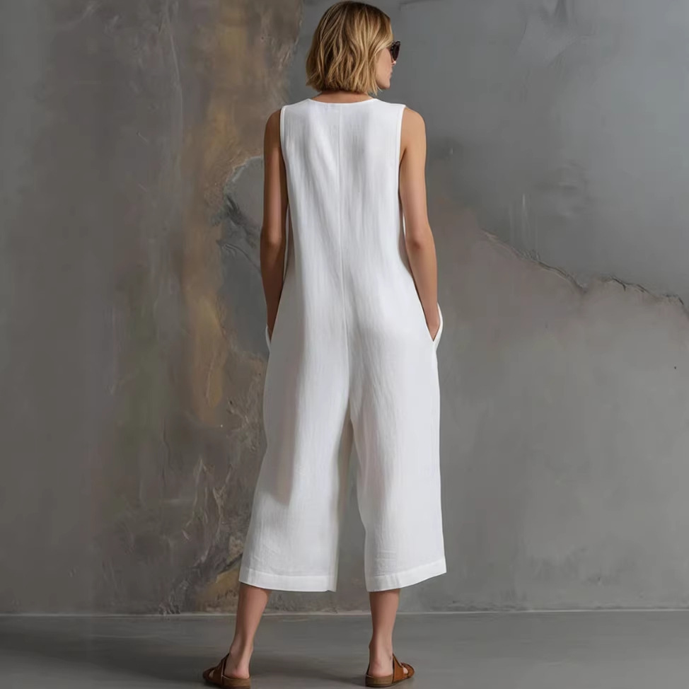 Women's Sleeveless Cotton-Linen Wide-Leg Capri Jumpsuit