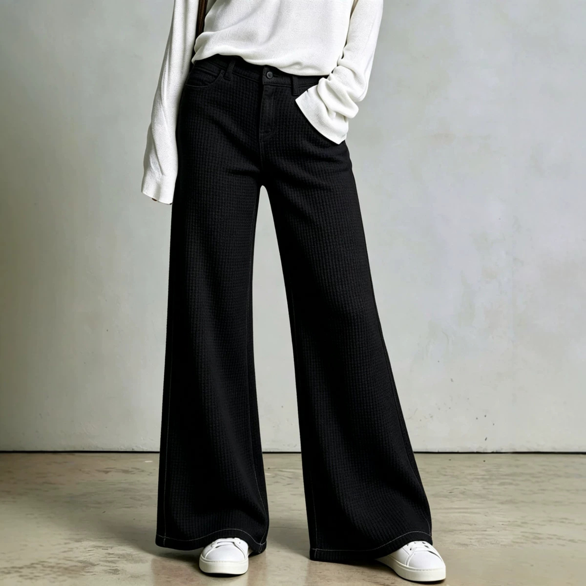 Waffle Knit High-Waist Straight-Leg Pants