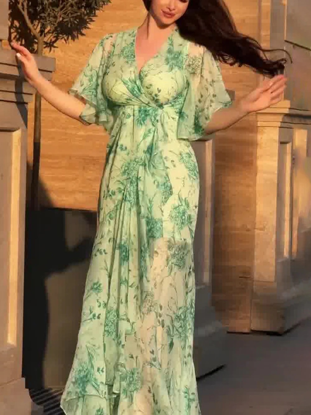 Women's Floral Print Asymmetrical Long Dress with V-Neck and Ruffle Sleeves
