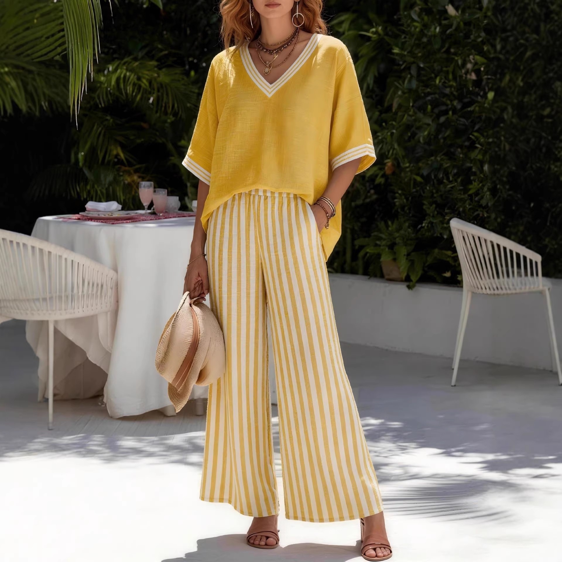 Women's Striped V-Neck Two-Piece Set Casual Loose Fit