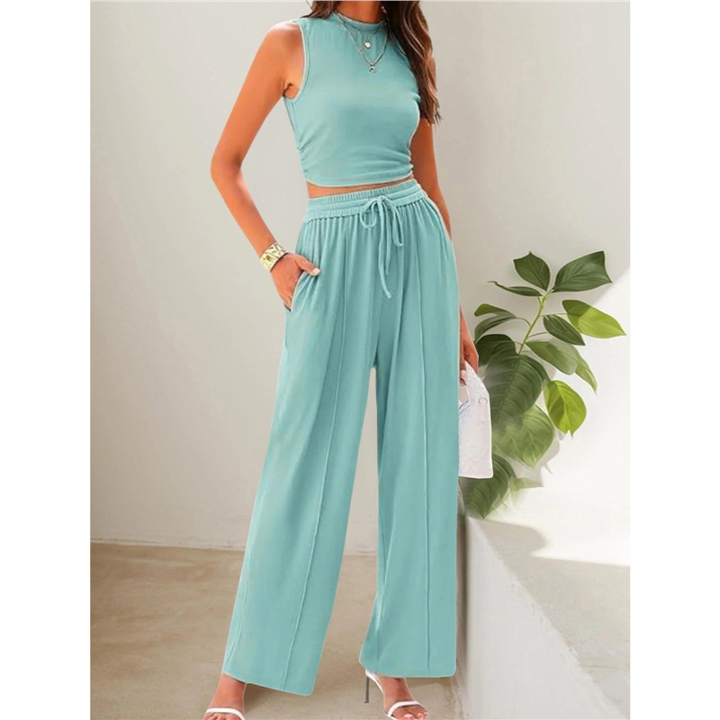 Sleeveless Knit Two-Piece Set with Fitted Top and Wide-Leg Pants