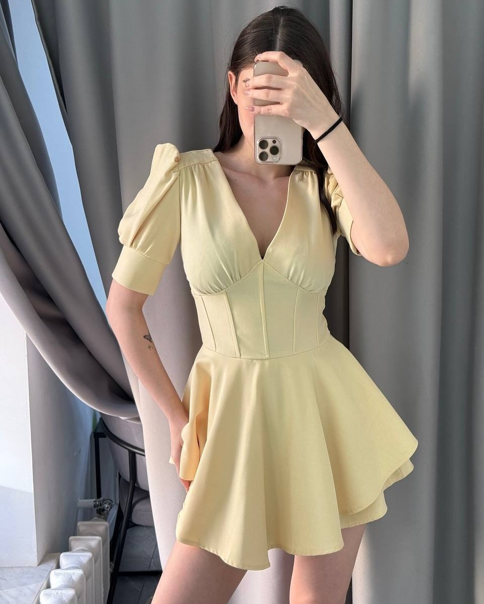 Puff Sleeve V-Neck Waist-Cinched Short Dress with Built-In Shorts