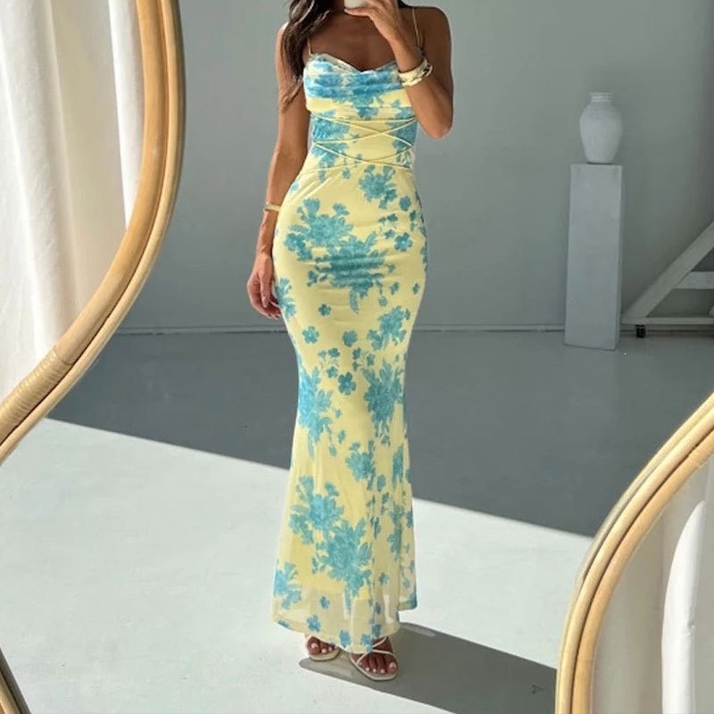 Sexy Printed Lace-Up Waist Bodycon Cami Dress