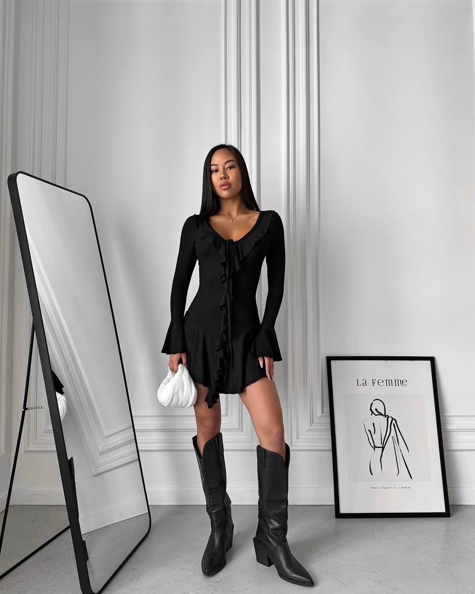 Women's Sexy Slim Fit Ruffle Long Sleeve Tie Dress