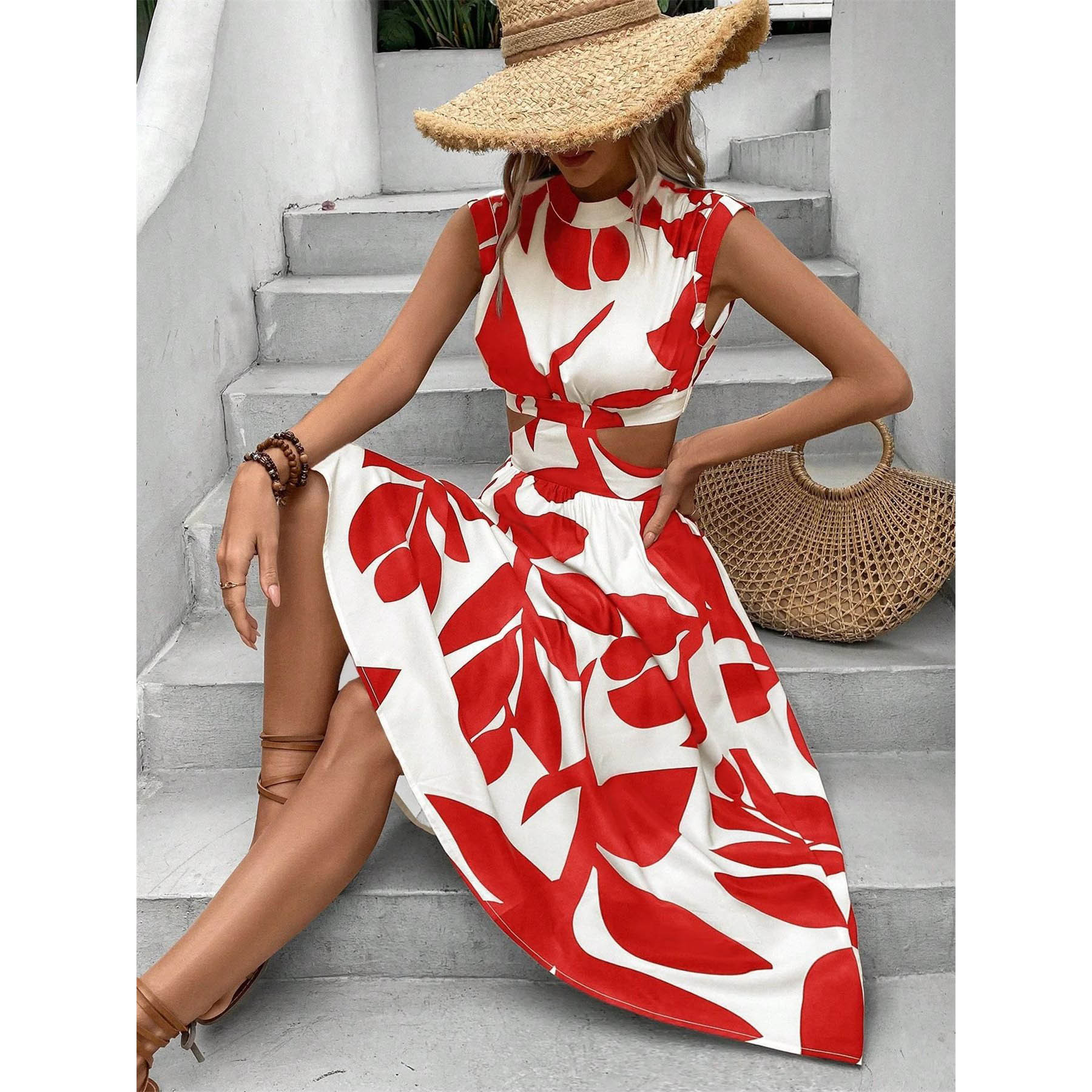 Women's Floral Print High-Waist Short-Sleeve Midi Dress