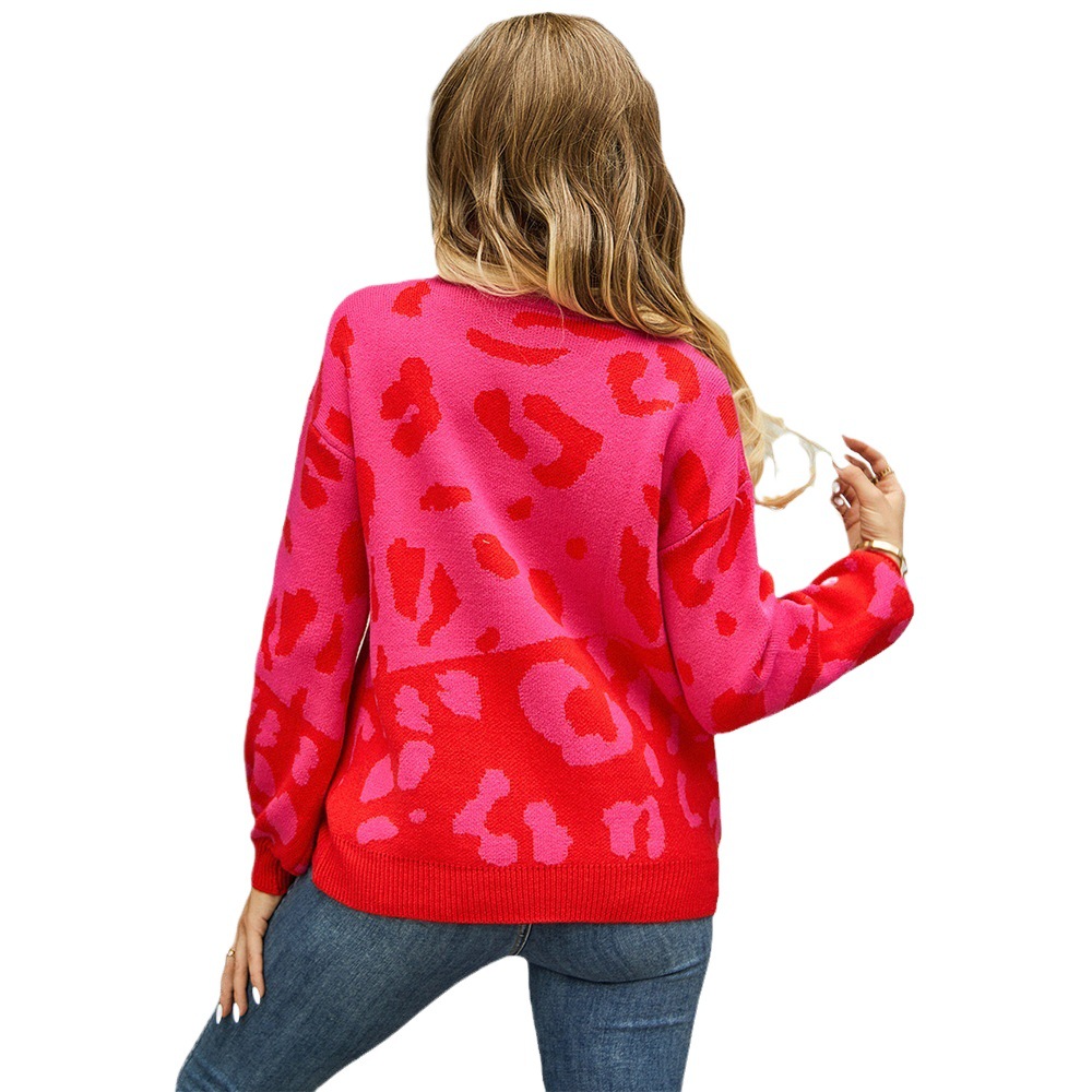 Leopard Print Color Block Crewneck Pullover Sweater