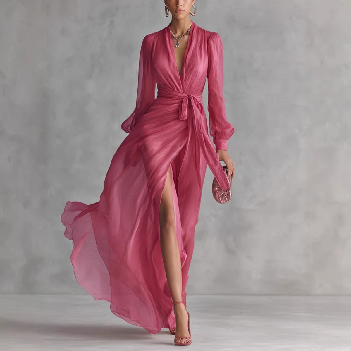 Vintage Court-Style V-Neck Tie-Waist Puff-Sleeve Long Dress