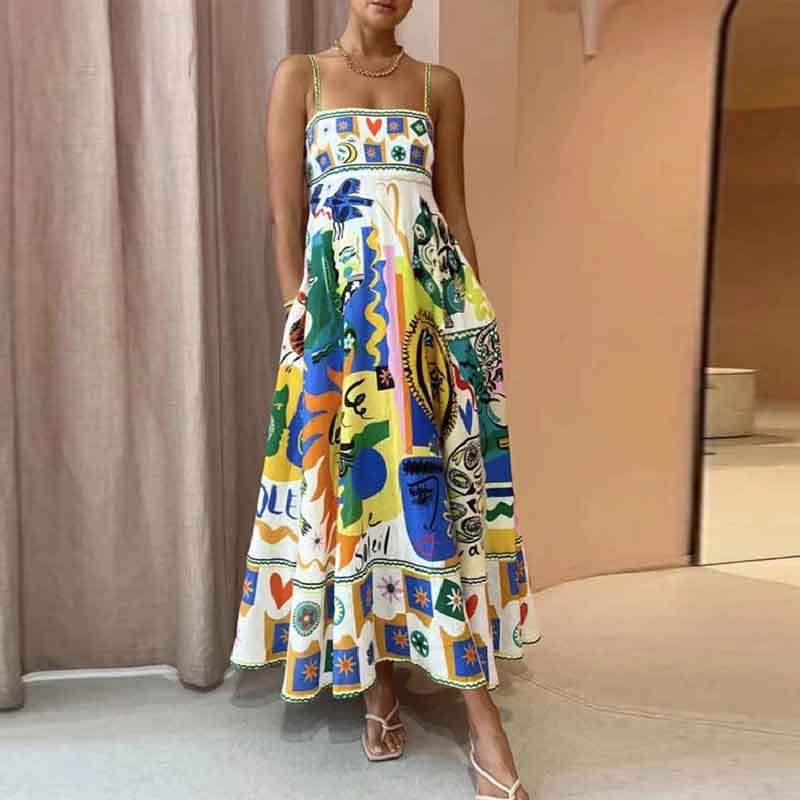 Elegant Long Floral Cami Dress Vacation Style