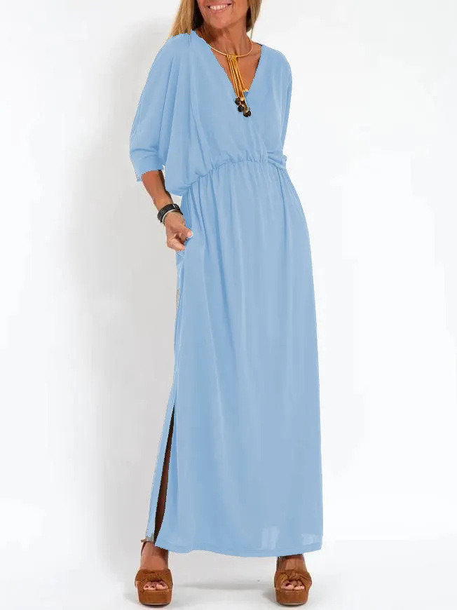 Women's High-Waist Slit Short-Sleeve Dress in Solid Colors