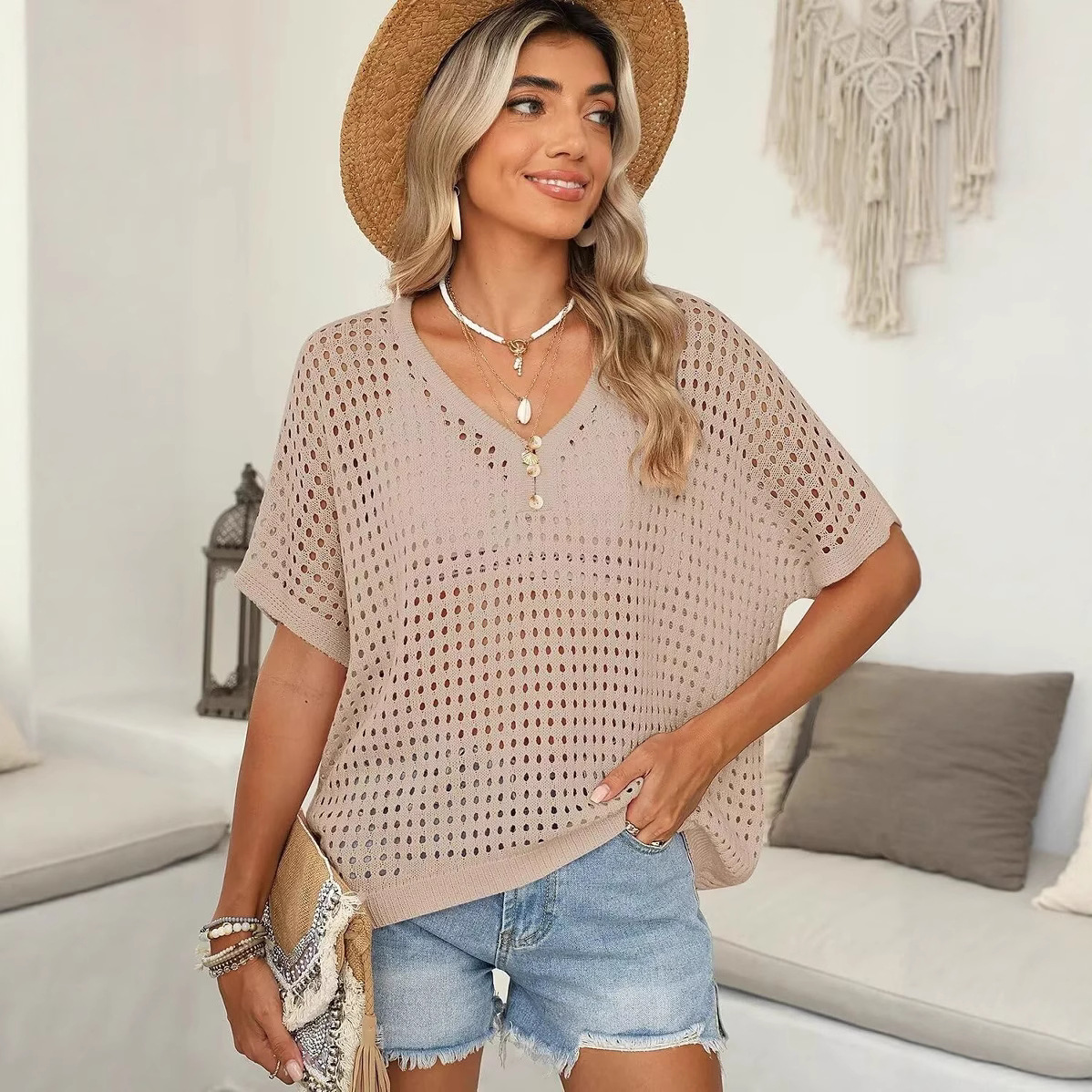 Women's V-Neck Short Sleeve Button Crochet Hollow Knit Top Beach Cover-Up