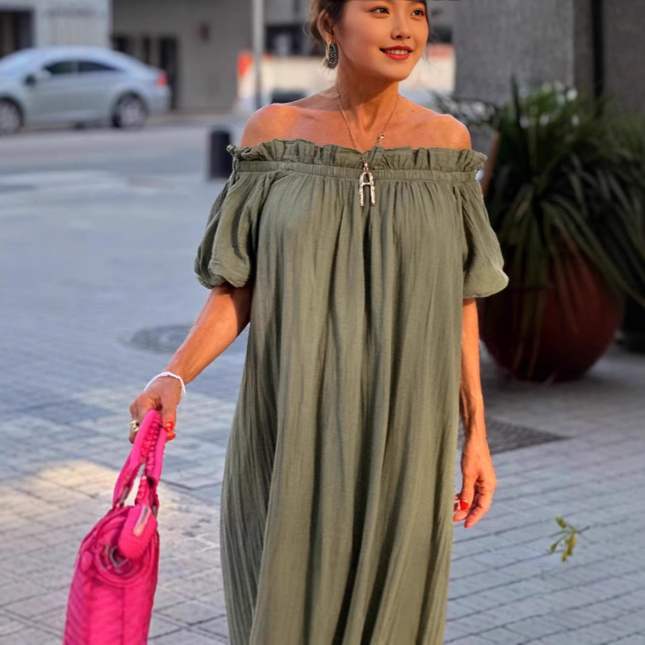 Off-Shoulder Ruffle Hem Solid Color Long Dress
