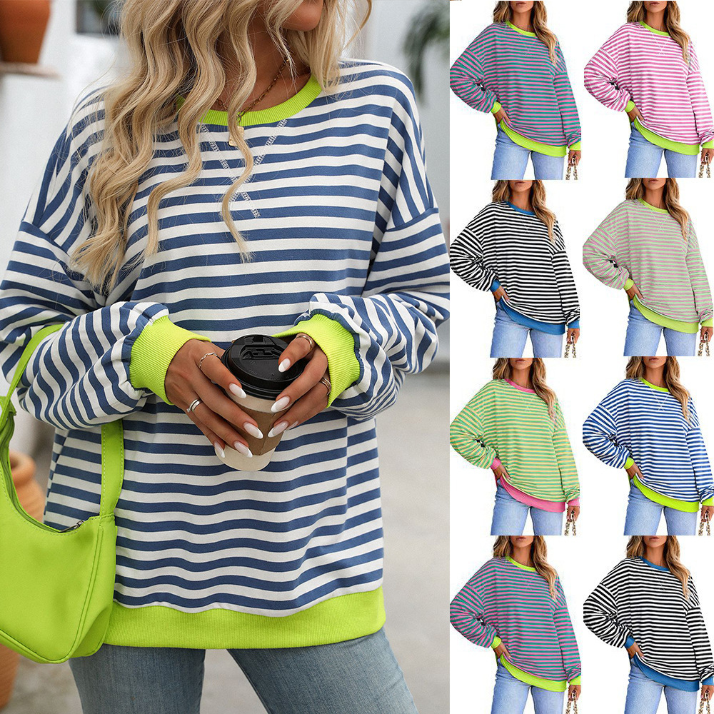 Colorful Striped Crewneck Loose Sweatshirt for Women