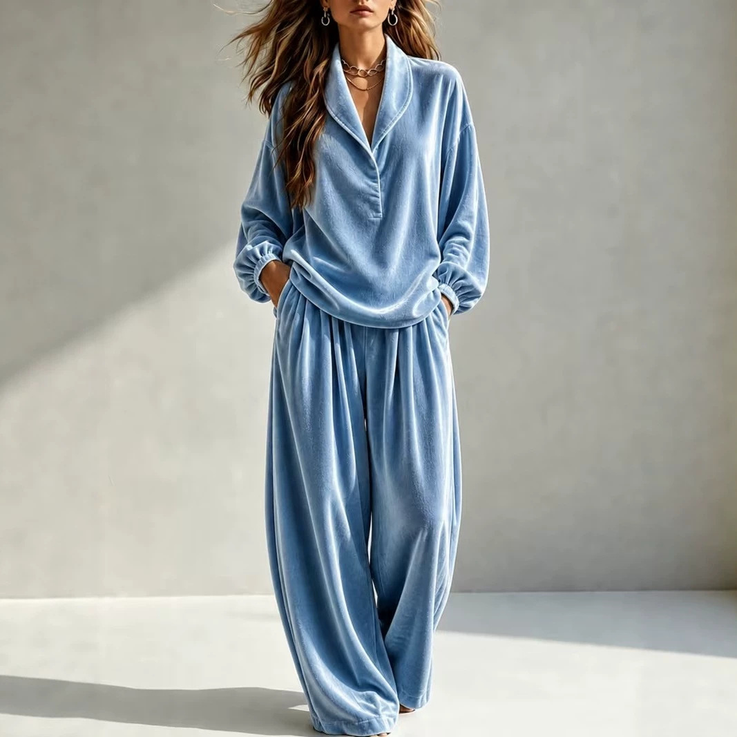 Velvet Long Sleeve Collared Two-Piece Set