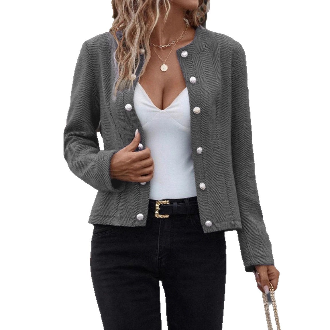 Solid Color Double-Breasted Short Jacket with Long Sleeves