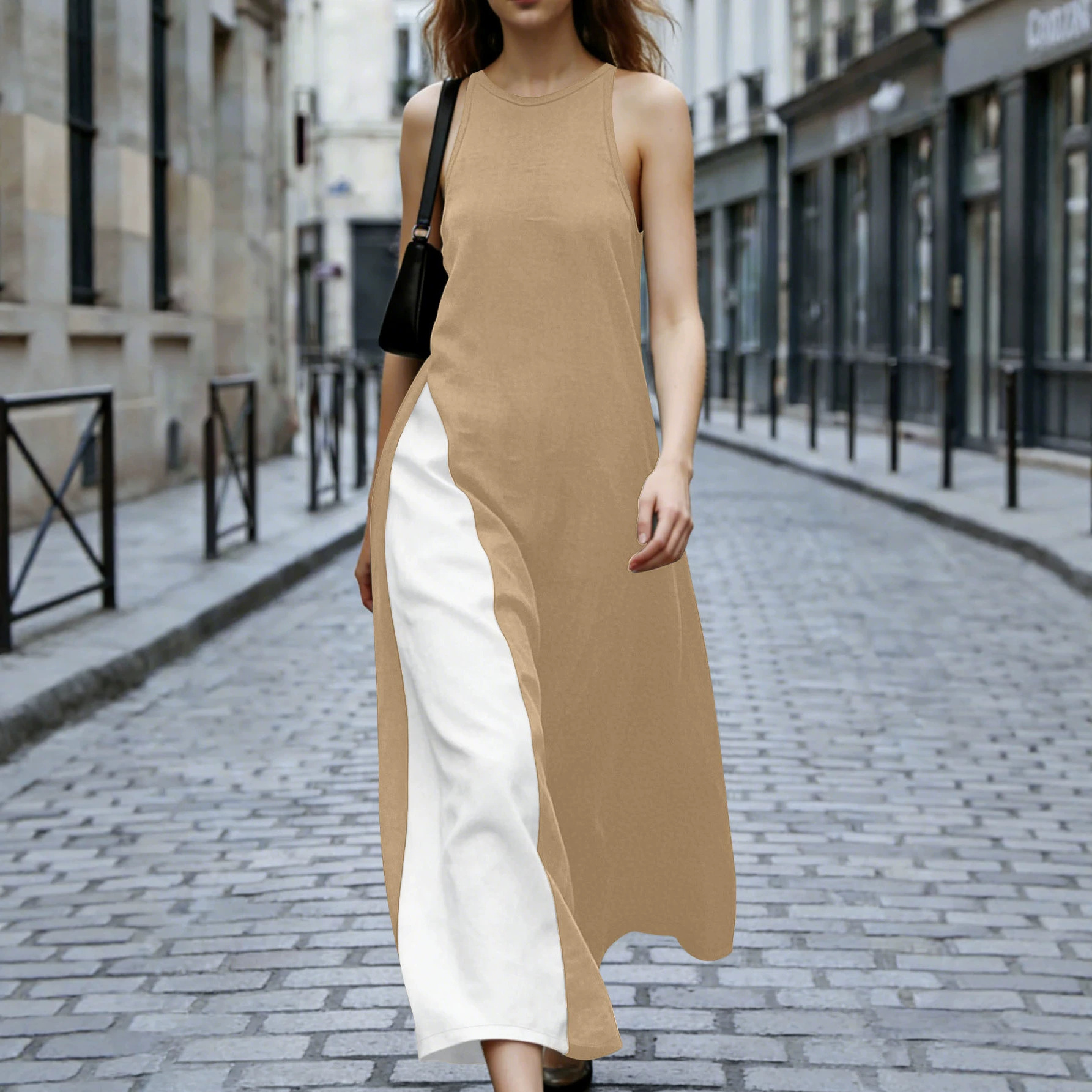 Color-Block Sleeveless Maxi Dress with Pockets