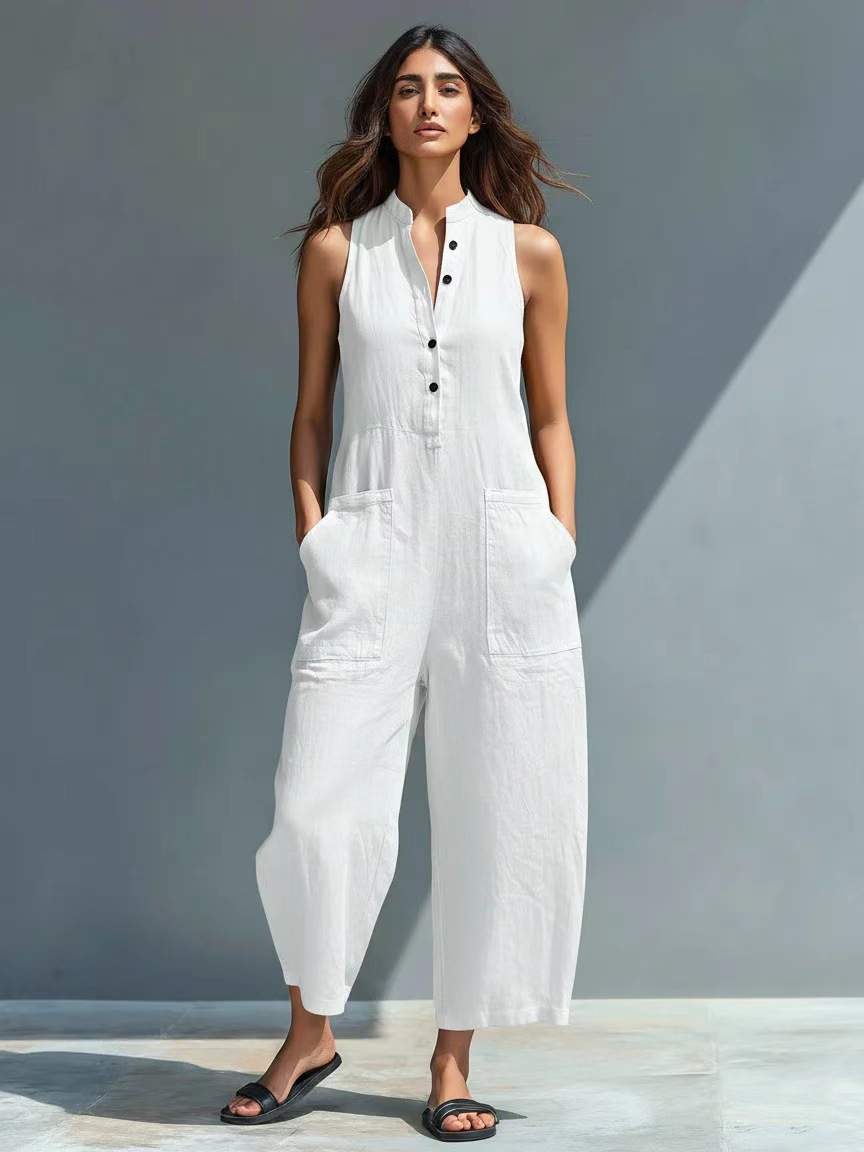 Women's Sleeveless Stand Collar Pocket Jumpsuit