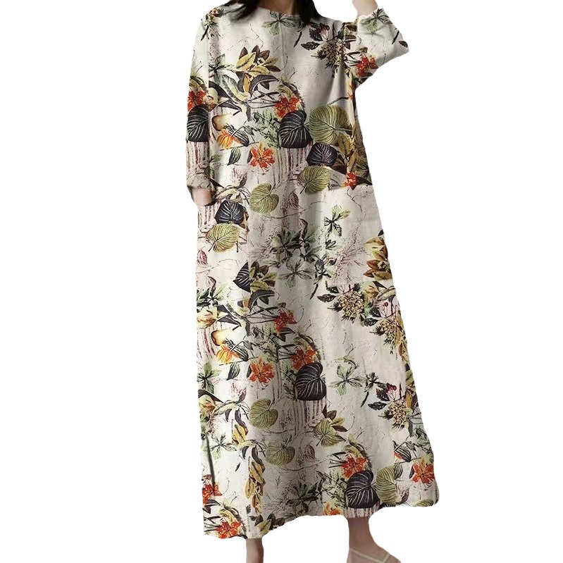 Women's Cotton-Linen Floral Print Round Neck Loose A-Line Midi Dress
