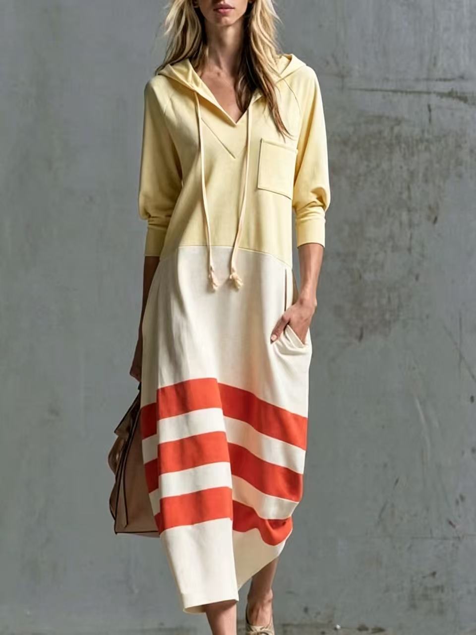 Women's Casual Color-Block Striped Hooded Sweatshirt Dress Loose 3/4 Sleeve A-Line Midi