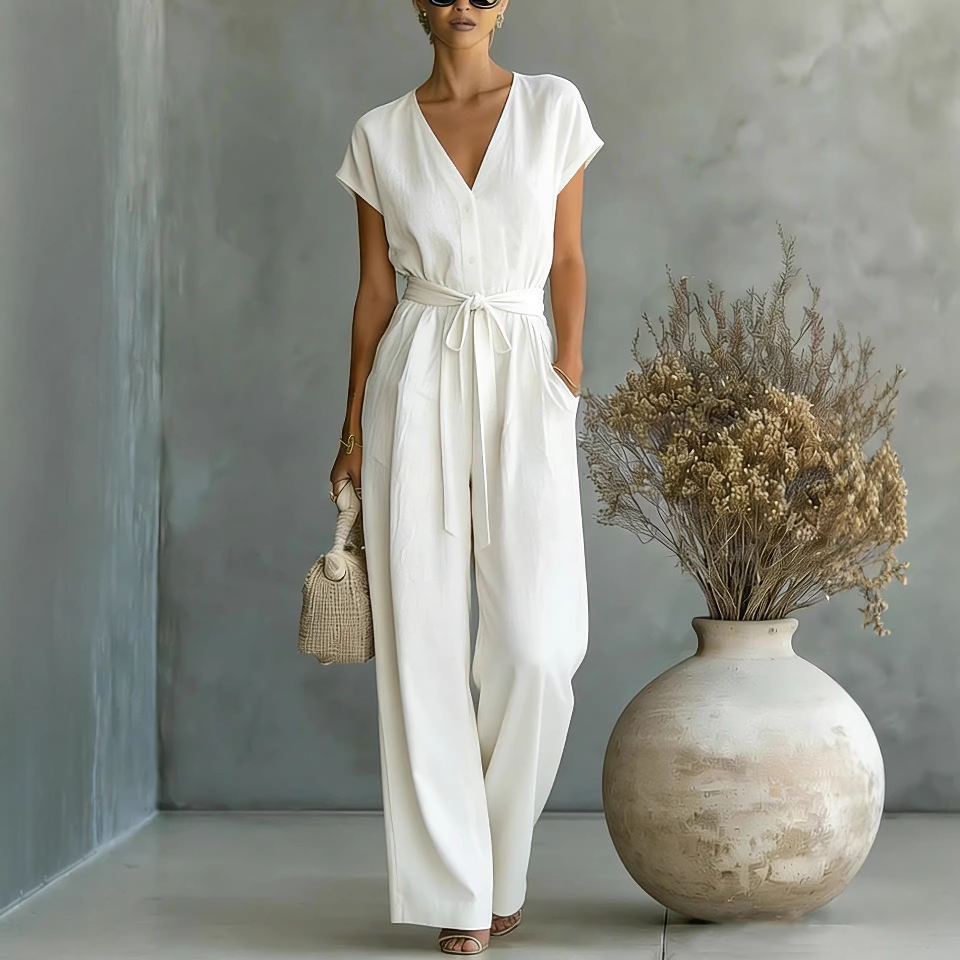 Solid Color Button-Front Belted V-Neck Jumpsuit with Pockets