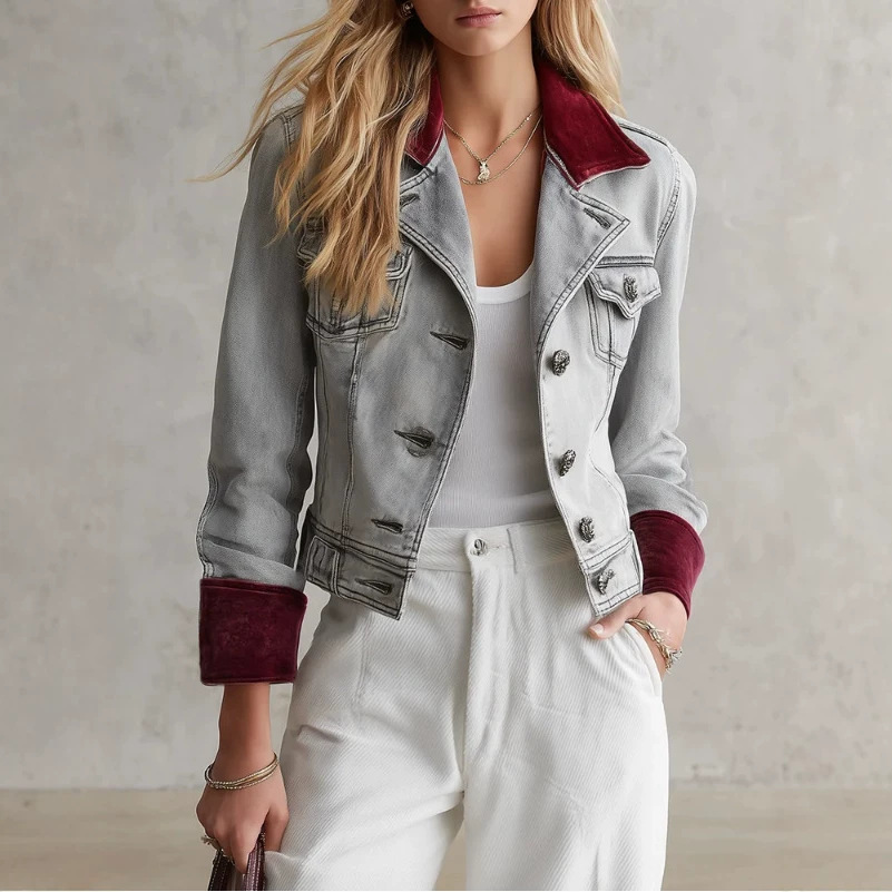 Wine Red Denim Jacket with Velvet Collar and Cuffs