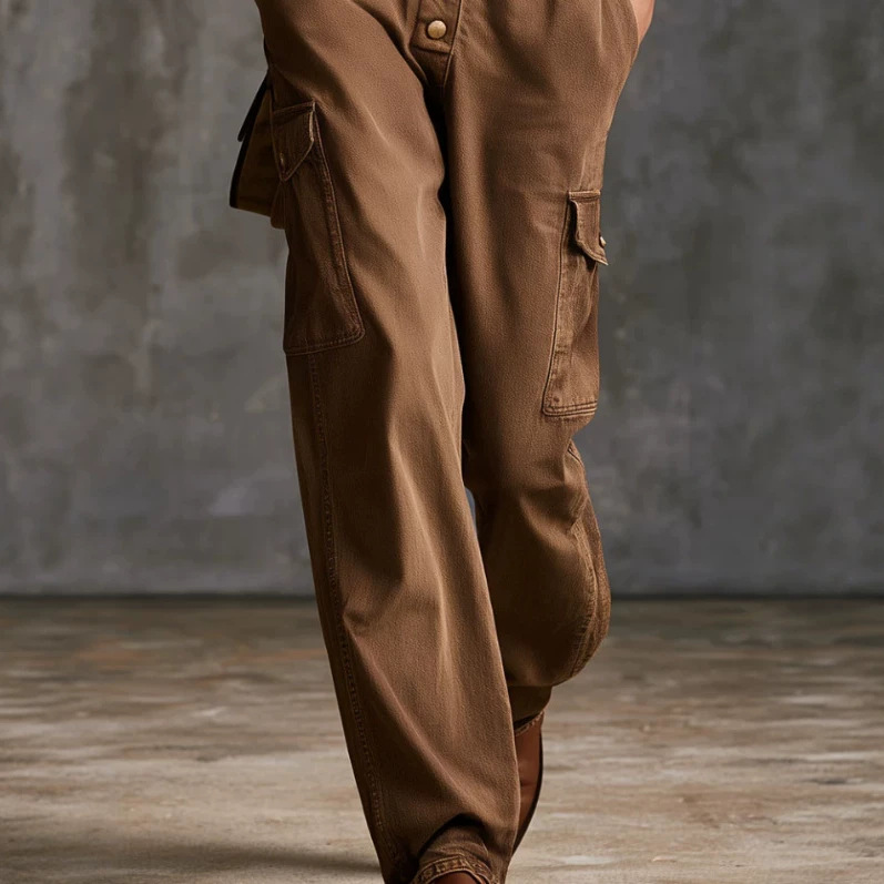 Women's Vintage Brown Long Sleeve Button-Front Jumpsuit with Pockets