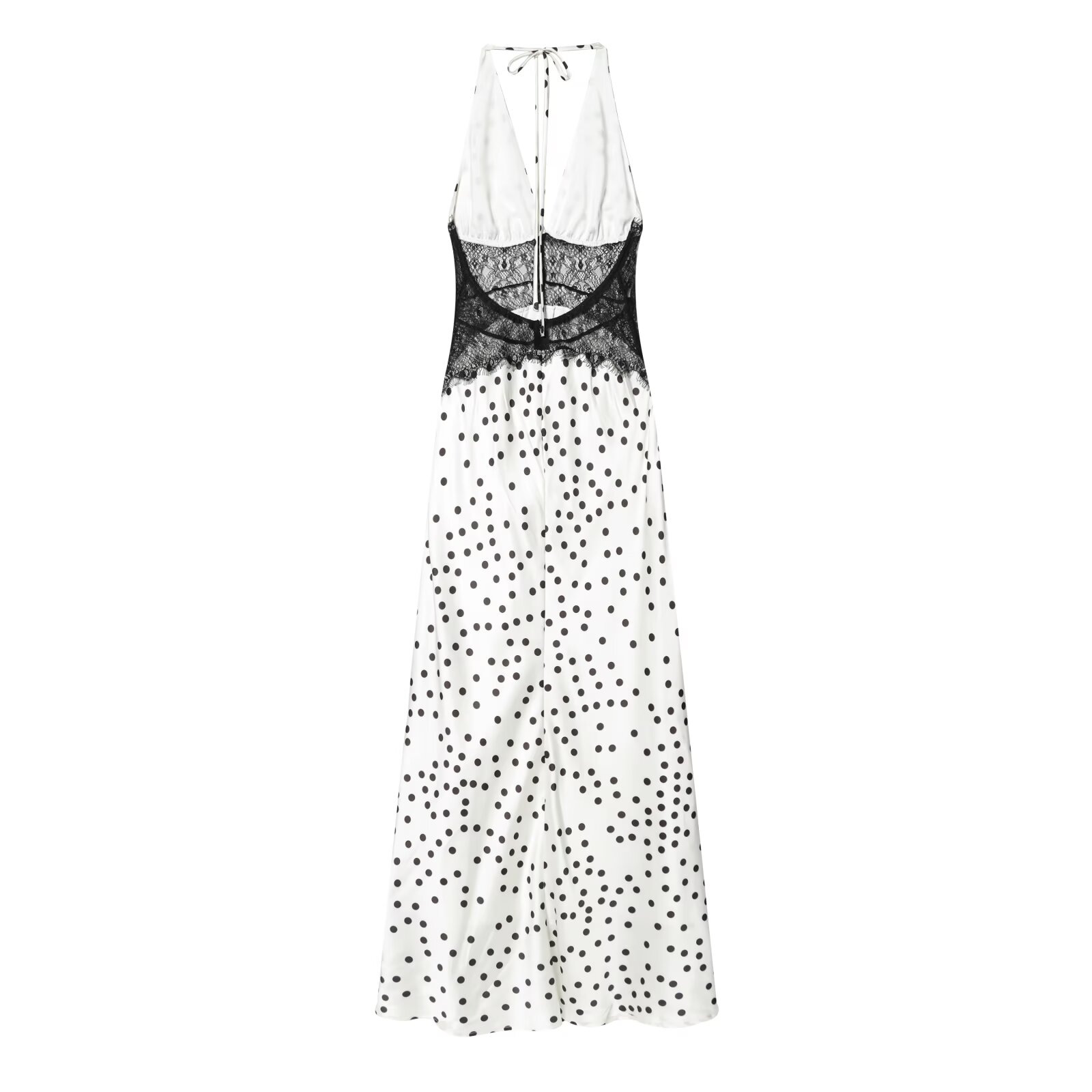 Women's Backless Lace Spliced Polka Dot Halter Maxi Dress