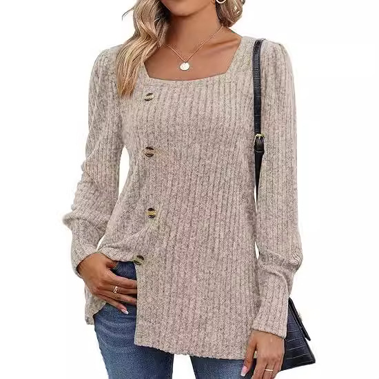 Ribbed Square Neck Puff Sleeve Split Sweater