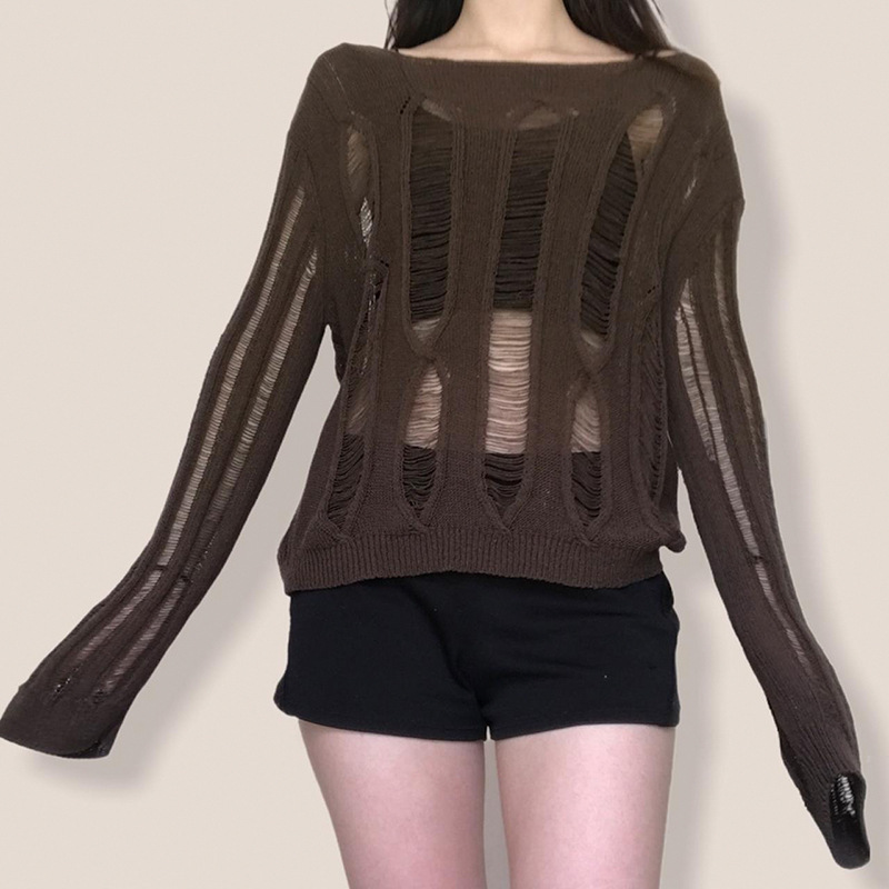 Women's Round Neck Long Sleeve Hollow Out Knit Sweater Loose Casual Pullover