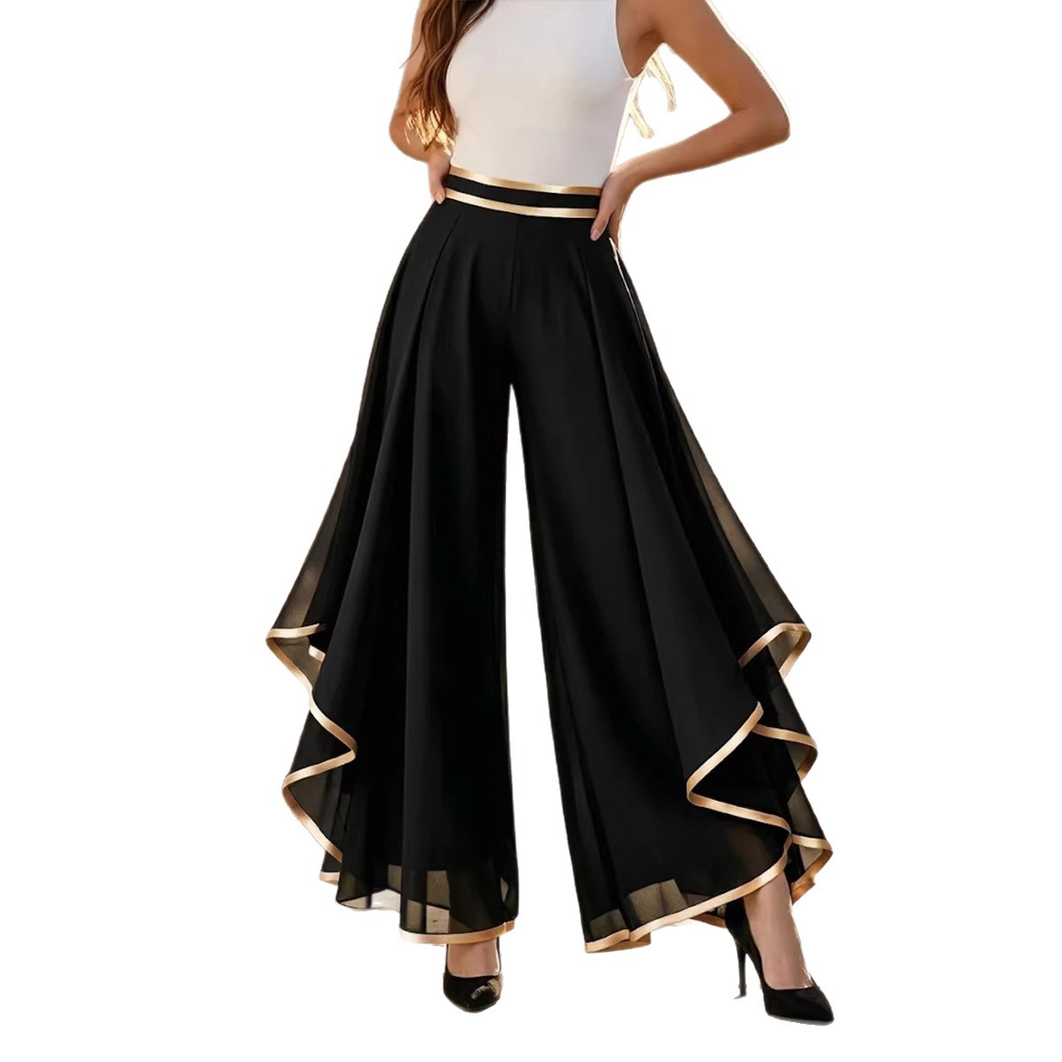 Women's High-Waist Wide-Leg Chiffon Pants with Contrast Piping