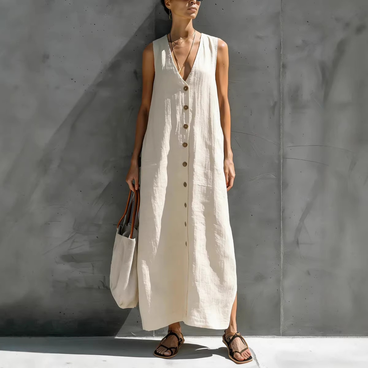 Solid V-Neck Button Sleeveless Cotton-Linen Maxi Dress