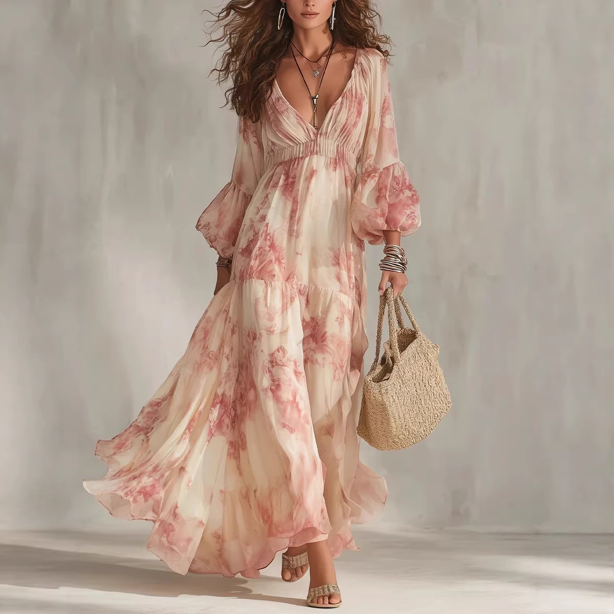 V-Neck Floral Print Maxi Dress with Lantern Sleeves