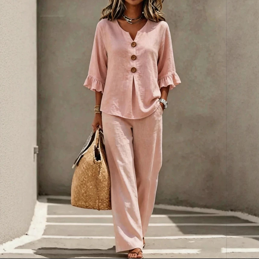 Women's V-Neck Ruffle Button 3/4 Sleeve Top and Pants Set