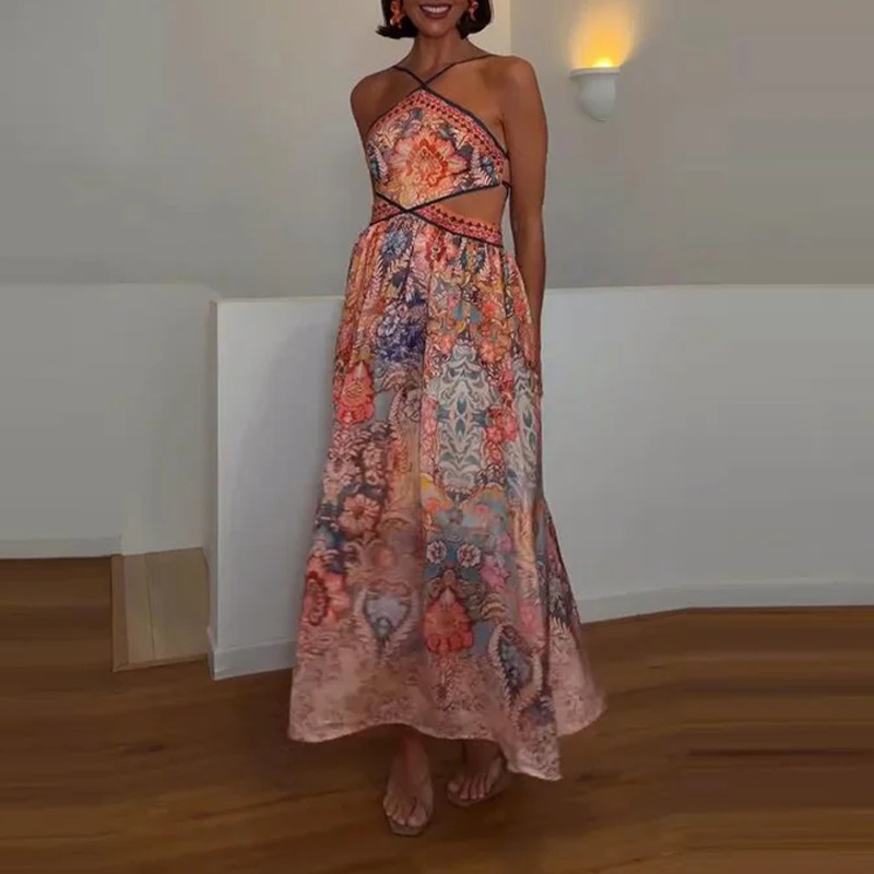 Women's Summer Halter Neck Printed A-Line Maxi Dress
