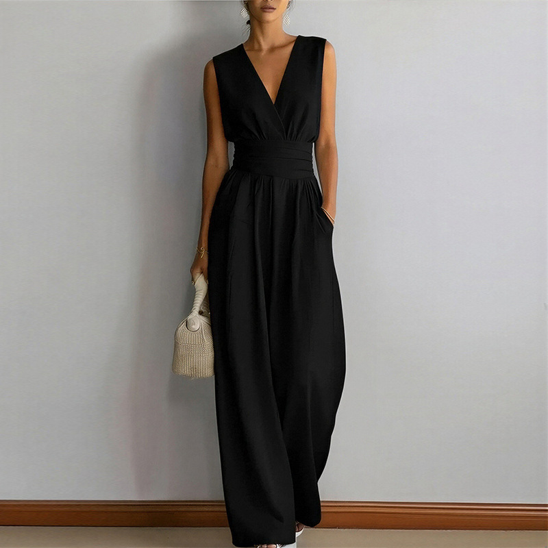 Women's Relaxed Sleeveless Wide-Leg Jumpsuit with Waist Tie